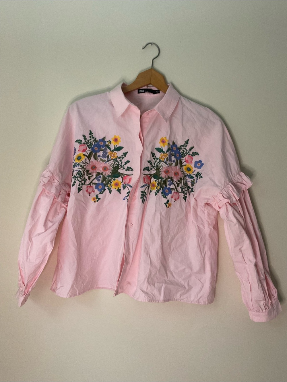 Ina Pink Embroidered Floral Collar Shirt ruffle puff sleeve